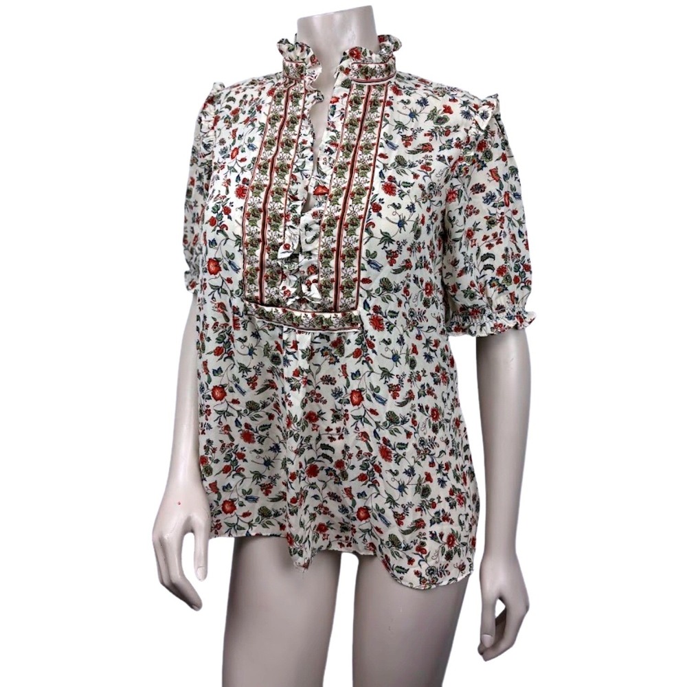 Max Studio Small Floral Print Ruffled Neck Short Sleeve Blouse Women‎ Beige